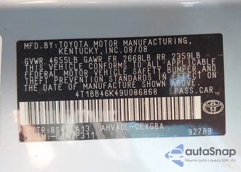 2009 Toyota Camry Hybrid из США, поврежденный, VIN 4T1BB46K49U086868